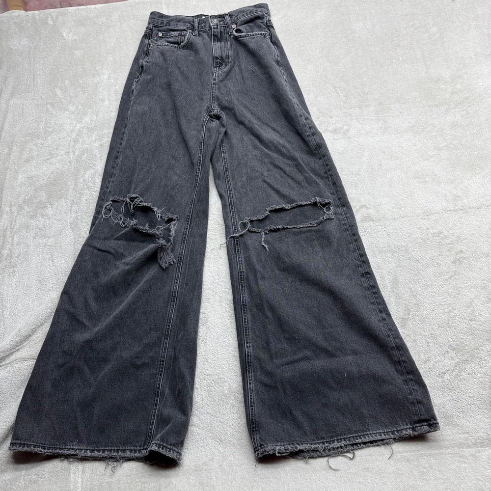 Free People Wide Leg Jeans Women's 26 Black Distressed Ripped Y2K 90s Streetwear